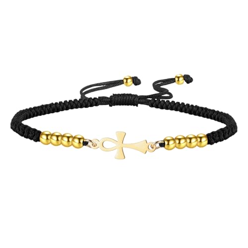 Ankh-Kreuz-Armband Ägyptisches handgefertigtes geflochtenes Perlen-Paararmband Schlüssel des Lebens Verstellbares religiöses Kreuz-Fußkettchen Antikes Ägypten Amulett Schmuck Geschenk (Gold-Schwarz) von EUEAVAN