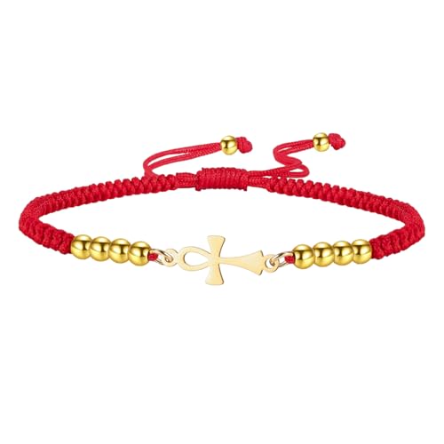 Ankh-Kreuz-Armband Ägyptisches handgefertigtes geflochtenes Perlen-Paararmband Schlüssel des Lebens Verstellbares religiöses Kreuz-Fußkettchen Antikes Ägypten Amulett Schmuck Geschenk (Gold-Rot) von EUEAVAN