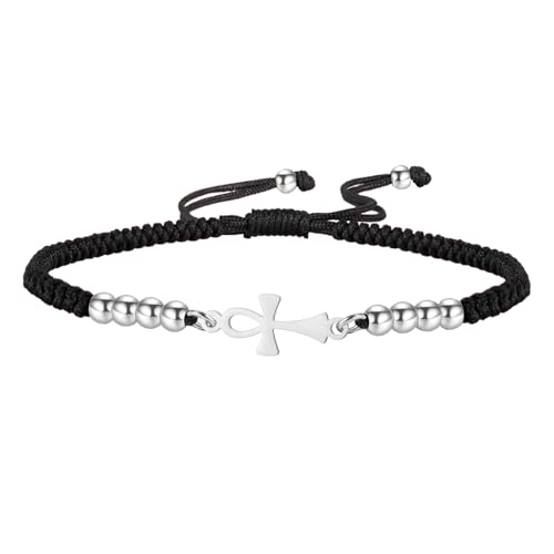 Ankh-Kreuz-Armband Ägyptisches handgefertigtes geflochtenes Perlen-Paararmband Schlüssel des Lebens Verstellbares religiöses Kreuz-Fußkettchen Antikes Ägypten Amulett Schmuck Geschenk (Silber-Schwarz) von EUEAVAN