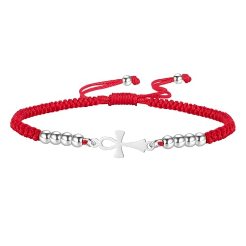 Ankh-Kreuz-Armband Ägyptisches handgefertigtes geflochtenes Perlen-Paararmband Schlüssel des Lebens Verstellbares religiöses Kreuz-Fußkettchen Antikes Ägypten Amulett Schmuck Geschenk (Silber-Rot) von EUEAVAN