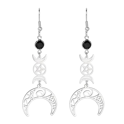 Dreifach Mond Göttin Pentagramm Mondsichel Anhänger Ohrringe Amulett Wiccan Schmuck Edelstahl Schmuck Geschenk Mädchen Frau (A-Silber) von EUEAVAN