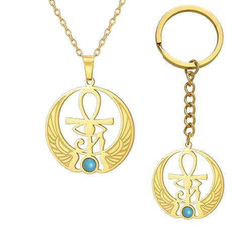 EUEAVAN Ankh Kreuz Auge des Horus Edelstein Halskette Schlüssel des Lebens Skarabäus Anhänger ägyptische Göttin Isis Schutzamulett Religiöser Schmuck für Frauen Männer (Gold gefasst) von EUEAVAN