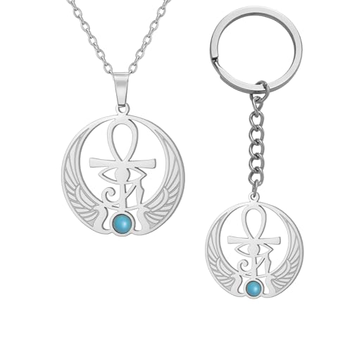 EUEAVAN Ankh Kreuz Auge des Horus Edelstein Halskette Schlüssel des Lebens Skarabäus Anhänger ägyptische Göttin Isis Schutzamulett Religiöser Schmuck für Frauen Männer (gesetztes Silber) von EUEAVAN