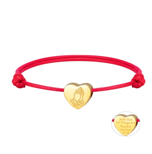 EUEAVAN Christliche Bibel Verse Armband Bead Heart Charm Betende Hand Armreif Matthäus 19:26 Mit Gott sind alle Dinge möglich Verstellbares Armband Christliche Taufe Geschenk Frauen Männer (Rot) von EUEAVAN