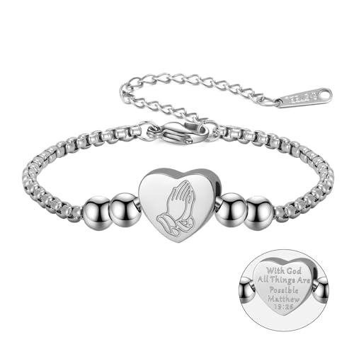 EUEAVAN Christliche Bibel Verse Armband Bead Heart Charm Betende Hand Armreif Matthäus 19:26 Mit Gott sind alle Dinge möglich Verstellbares Armband Christliche Taufe Geschenk Frauen Männer (Silber) EUEAVAN Christliche Bibel Verse Armband Bead Heart Charm Betende Hand Armreif Matthäus 19:26 Mit Gott sind alle Dinge möglich Verstellbares Armband Christliche Taufe Geschenk Frauen Männer (Silber) von EUEAVAN