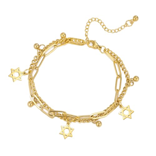 EUEAVAN Davidstern Armband Jüdischer Stern Hexagramm Anhänger Jüdisches Gebetsarmband Hebräisch Judaica Fußkettchen Schutz Amulett Schmuck Chanukka Geschenke für Frauen (gold) von EUEAVAN
