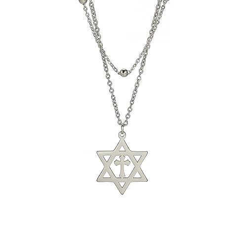 EUEAVAN Davidstern Halskette für Frauen Hexagramm Anhänger Halskette Amulett Symbo Jüdisch Israel Religiös David Schmuck Geschenk Frauen (Doppellagige Kette silber) von EUEAVAN