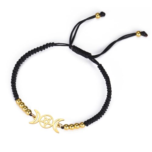 EUEAVAN Dreifach Mond Göttin Pentagramm Stern Wachsfaden Armband Amulett Pentagramm Religion Armreif Edelstahl Schmuck Symbol Witchcraft Geschenke für Frauen (schwarz 2) von EUEAVAN