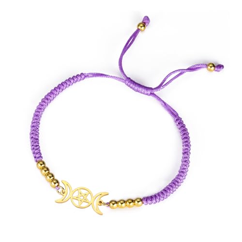EUEAVAN Dreifach Mond Göttin Pentagramm Stern Wachsfaden Armband Amulett Pentagramm Religion Armreif Edelstahl Schmuck Symbol Witchcraft Geschenke für Frauen (violett 2) von EUEAVAN