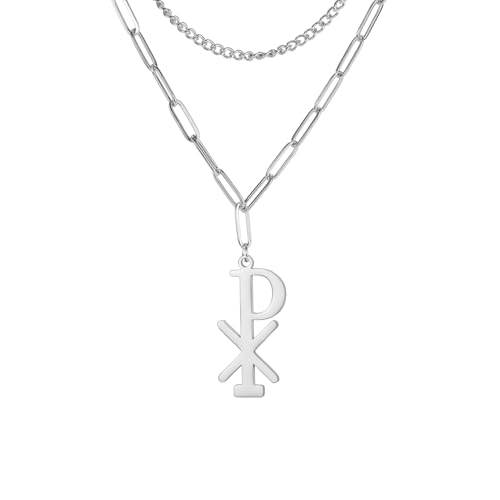 EUEAVAN Halskette Chi Rho Symbol Christogramm Alpha Omega Halskette IXCI NIKA Jesus Christus Name Anhänger Sakramentaler christlicher Amulett religiöses Schmuck Geschenk Damen Herren, Medium, von EUEAVAN