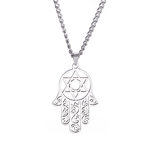 EUEAVAN Hamsa Hand der Fatima Hexagramm Halskette Davidstern Böses Auge Anhänger Jüdisch Weiblich Schutz Amulett Symbol Schmuck Frauen Männer (silber) von EUEAVAN