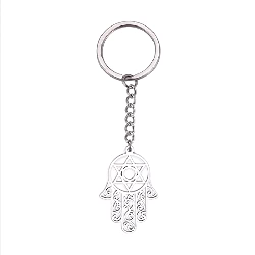 EUEAVAN Hamsa Hand der Fatima Hexagramm Schlüsselanhänger Davidstern Evil Eye jüdische weiblich Schutz Amulett Symbol Frau Mann, silber, Medium von EUEAVAN