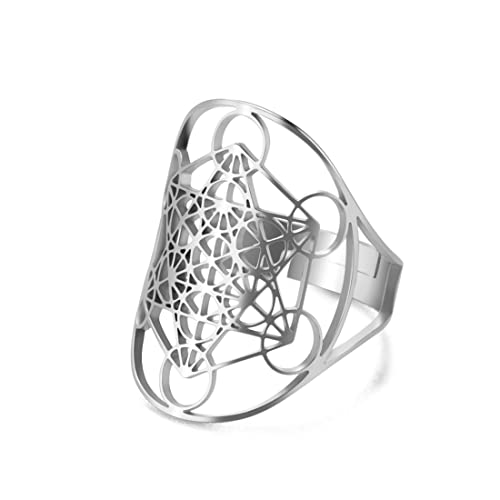 EUEAVAN Erzengel Metatron Ring für Männer Verstellbarer Sechsfacher Metatron's Cube Symbol Heiliges Geometrisches Schutz Amulett Statement Ring für Frauen (Silber) von EUEAVAN