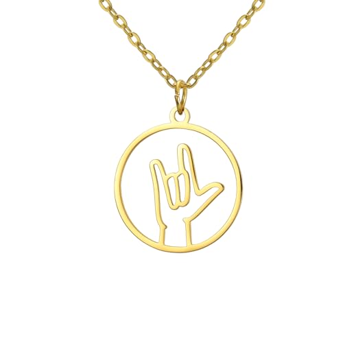 EUEAVAN Ich liebe dich Handzeichensprache Halskette ASL Hand Sign Charm Anhänger ASL Amerikanische Gebärdensprache Schmuck Dolmetscher Lehrer Geschenk (Ich liebe dich gold) von EUEAVAN