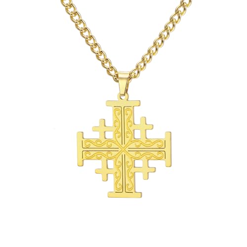 EUEAVAN Jerusalem Kreuzritter Kreuz Halskette Kreuzritter Templer Kreuz Anhänger Medaillon Scheibe Griechisch Religiöser Schmuck Gebet Statement Taufe Geschenk Frauen Männer (3 mm Kette gold) von EUEAVAN