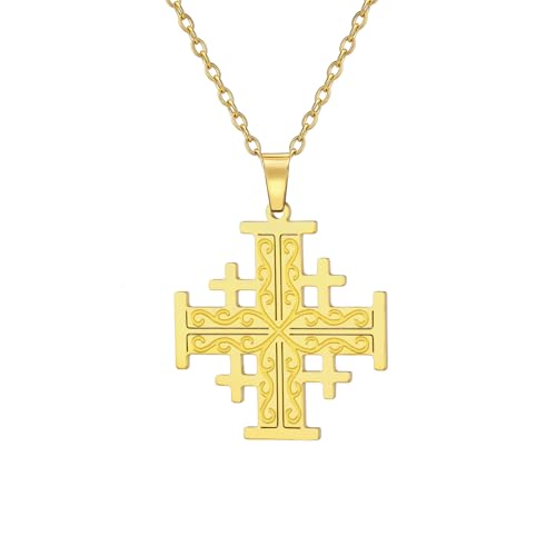 EUEAVAN Jerusalem Kreuzritter Kreuz Halskette Kreuzritter Templer Kreuz Anhänger Medaillon Scheibe Griechisch Religiöser Schmuck Gebet Statement Taufe Geschenk Frauen Männer (Kreuzkette gold) von EUEAVAN