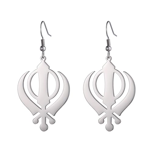 Khanda Sikh Schwert Symbol Halskette Sikh Kara Disc Sikhismus Anhänger Religiöses Symbol Sikh Khanda Schmuck Punjabi Schwert Schutz Amulett Frauen Männer (Khanda-Ohrringe Silber) von EUEAVAN