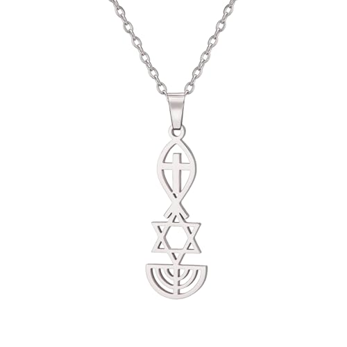EUEAVAN Messianisches Siegel Halskette Messianisches Siegel von Jerusalem Anhänger Halskette Davidstern,Ichthus mit Kreuz,Menora,Jüdischer Stern Halskette Religiöser Chanukka Schmuck (A-Silber) von EUEAVAN