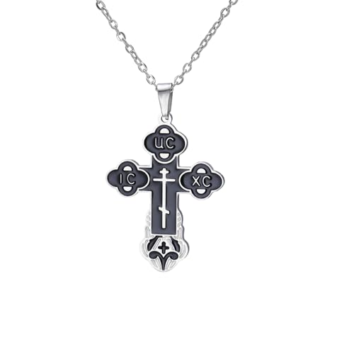 EUEAVAN Orthodoxe Kreuzkette für Frauen Russisches IC XC NIKA Kreuz Jesus Christus Medaillon Anhänger Griechisches byzantinisches Amulett Östlicher Schmuck Christliches katholisches (Schwarz-Silber) von EUEAVAN