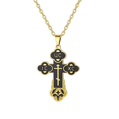 EUEAVAN Orthodoxe Kreuzkette für Frauen Russisches IC XC NIKA Kreuz Jesus Christus Medaillon Anhänger Griechisches byzantinisches Amulett Östlicher Schmuck Christliches katholisches (Schwarz-Gold) von EUEAVAN