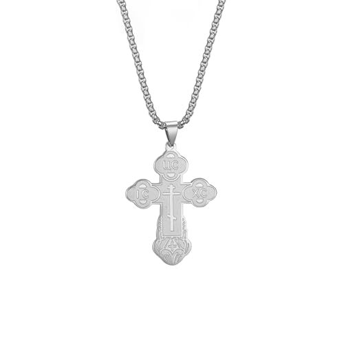 EUEAVAN Orthodoxes Kreuz Anhänger Halskette Edelstahl Klassisches Kreuz Anhänger Halskette Russisch-Orthodoxer Amulett-Schmuck Religiöse Halskette (Orthodoxes Kreuz Kastenkette silber) von EUEAVAN