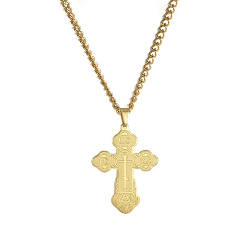 EUEAVAN Orthodoxes Kreuz Anhänger Halskette Edelstahl Klassisches Kreuz Anhänger Halskette Russisch-Orthodoxer Amulett-Schmuck Religiöse Halskette (Orthodoxes Kreuz gold) von EUEAVAN