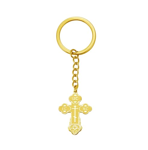 EUEAVAN Orthodoxes Kreuz Schlüsselanhänger Byzantinisches Russisches Kreuz Schlüsselanhänger IC XC NIKA Jesus Kruzifix Religiöser Schmuck (gold) von EUEAVAN