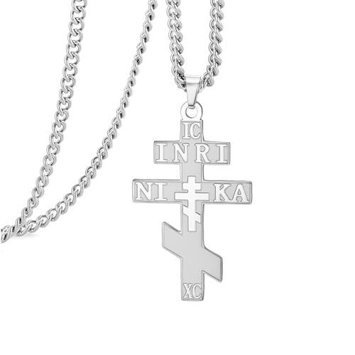 EUEAVAN Russisch-orthodoxe Kreuzkette IC XC NIKA Östliches Kreuz Jesus Christus Anhänger Griechisch-byzantinisches Amulett Retro-religiöser christlicher Schmuck Katholisches Geschenk (Silber 2) von EUEAVAN