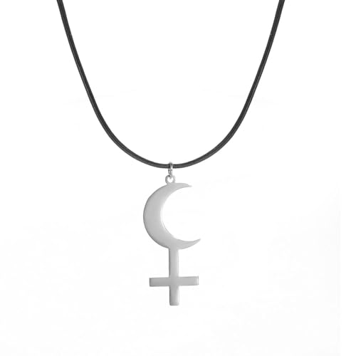 EUEAVAN Schwarzer Mond Lilith Göttin Symbol Halskette für Frauen Gothic Lilith Göttin Siegel Astrologie Mondsichel Kreuz Anhänger Pagan Schmuck Wiccan Geschenke Luzifers Symbol Männer (silber) von EUEAVAN