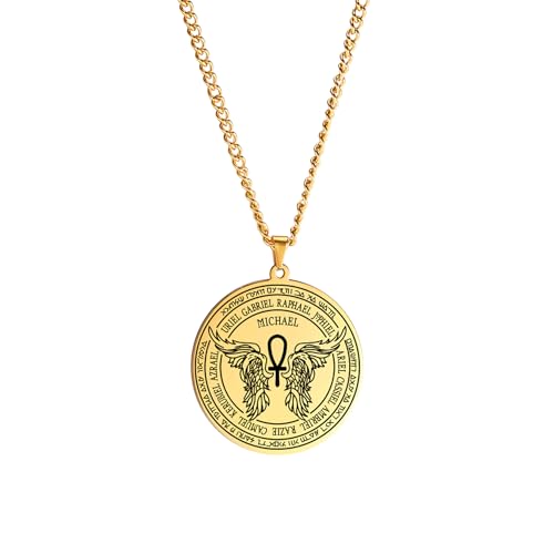 EUEAVAN St. Michael Erzengel Flügel Halskette für Männer Sankt Michael Anhänger Schutzengel Erzengel Medaillon Schlüsselanhänger Heilige Ankh Amulett katholische Geschenke (Halskette gold) von EUEAVAN