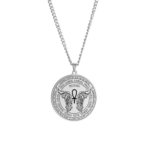 EUEAVAN St. Michael Erzengel Flügel Halskette für Männer Sankt Michael Anhänger Schutzengel Erzengel Medaillon Schlüsselanhänger Heilige Ankh Amulett katholische Geschenke (Halskette silber) von EUEAVAN