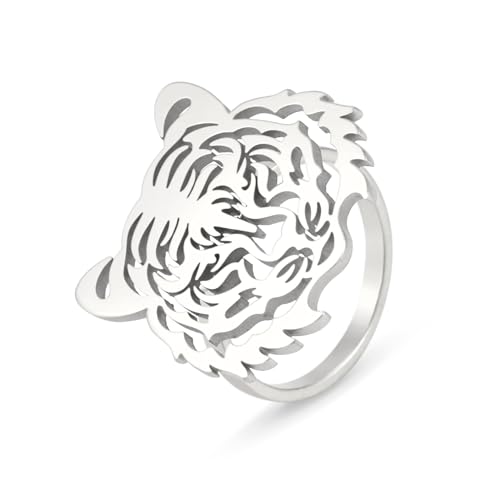 EUEAVAN Tiger Head Ring Lion Statement Ringe Gothic Tribal Tiger Amulett Natur Wald Jäger Gothic Wikinger Schmuck Tierliebhaber Geschenk Frauen Männer (silber, 8) von EUEAVAN