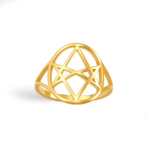 EUEAVAN Unicursal Hexagramm-Symbolring 6-zackiger Sternring Okkult Satanischer Davidstern Talisman Religiöser Schmuck Geschenk für Frauen Männer (gold, 10(0.79in) von EUEAVAN