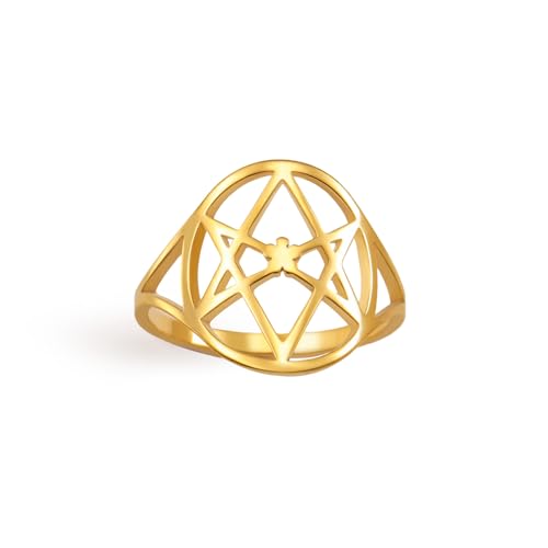 EUEAVAN Unicursal Hexagramm-Symbolring 6-zackiger Sternring Okkult Satanischer Davidstern Talisman Religiöser Schmuck Geschenk für Frauen Männer (gold 2, 7(0.67in)) von EUEAVAN