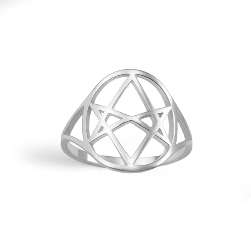 EUEAVAN Unicursal Hexagramm-Symbolring 6-zackiger Sternring Okkult Satanischer Davidstern Talisman Religiöser Schmuck Geschenk für Frauen Männer (silber, 7(0.67in)) von EUEAVAN