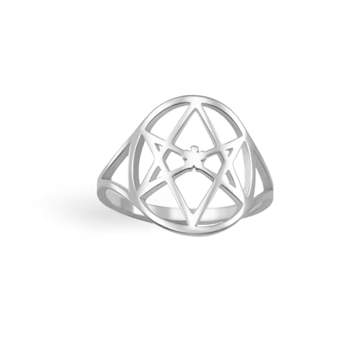 EUEAVAN Unicursal Hexagramm-Symbolring 6-zackiger Sternring Okkult Satanischer Davidstern Talisman Religiöser Schmuck Geschenk für Frauen Männer (silber 2, 7(0.67in)) von EUEAVAN