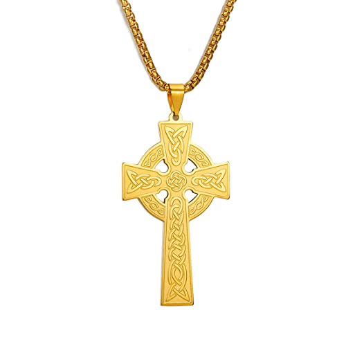 EUEAVAN Wikinger Keltisches Kreuz Halskette Irisches Gebet Anhänger Kruzifix Religiöses Halsband Jesus Amulett Nordischer Schmuck Männer Frauen Mädchen Geschenke Souvenirs (gold) von EUEAVAN