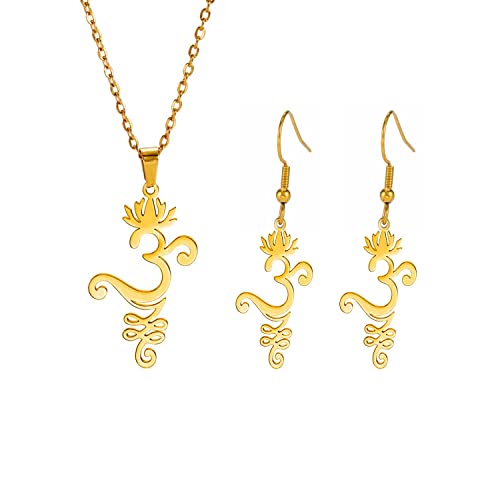 EUEAVAN Yoga Lotus Aum Om Ohm Sanskrit Symbole Halskette Ohrringe für Frauen Yoga Anhänger Atem Symbole Amulett Spiritueller Schmuck Geschenk für Yoga-Liebhaber (om gold set) von EUEAVAN