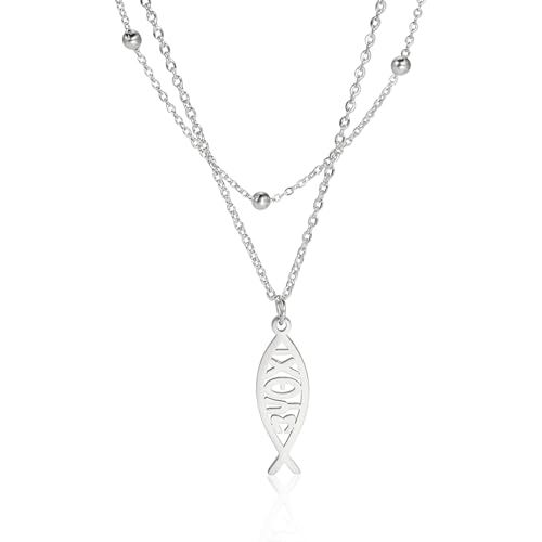 Ichthus Halskette für Frauen Christliche Jesus Fisch Halskette Christus Fisch Kreuz Ichthys Anhänger Halskette Ichthus Fisch Religiöses Symbol Christlicher Schmuck Geschenk (Jesus Fisch 2 silber) von EUEAVAN