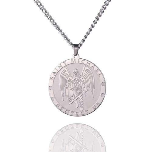 St. Michael Halskette für Männer St. Michael Erzengel Anhänger Heilige Medaille Halskette Katholischer Schutzpatron Amulett Religiöser Schmuck Konfirmation Geschenk für Jungen (Hl. Michael silber) von EUEAVAN