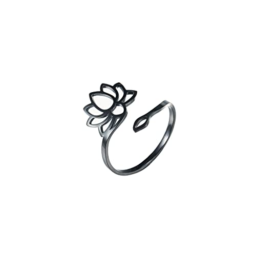 Trendy Blossom Lotus Blume Ring für Frauen Om Aum Ohm Symbol Yoga Meditation Versprechen Lotus Verstellbarer Ring Chakra Inspirationsschmuck Mädchen (Lotus 2 schwarz) von EUEAVAN
