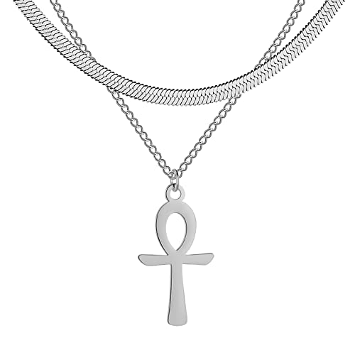 EUEAVAN Ägyptisches Ankh Kreuz Anhänger Halskette Symbol des Lebens Anhänger Halskette Edelstahl Klassische Kreuz Anhänger Halskette Ägyptische Amulett Schmuck Halskette (Silber) von EUEAVAN