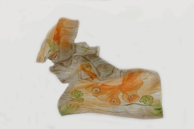 Aus Marmor Schmetterling - Hand Bemalte Reine Seide Schal Orange Beige Und Grün-Geschenk Für Das Ganze Leben-Normalpreis 100Gbp Jetzt Auf Verkauf Aus Marmor Schmetterling - Hand Bemalte Reine Seide Schal Orange Beige Und Grün-Geschenk Für Das Ganze Leben-Normalpreis 100Gbp Jetzt Auf Verkauf von EUGENEARTBEAUTY