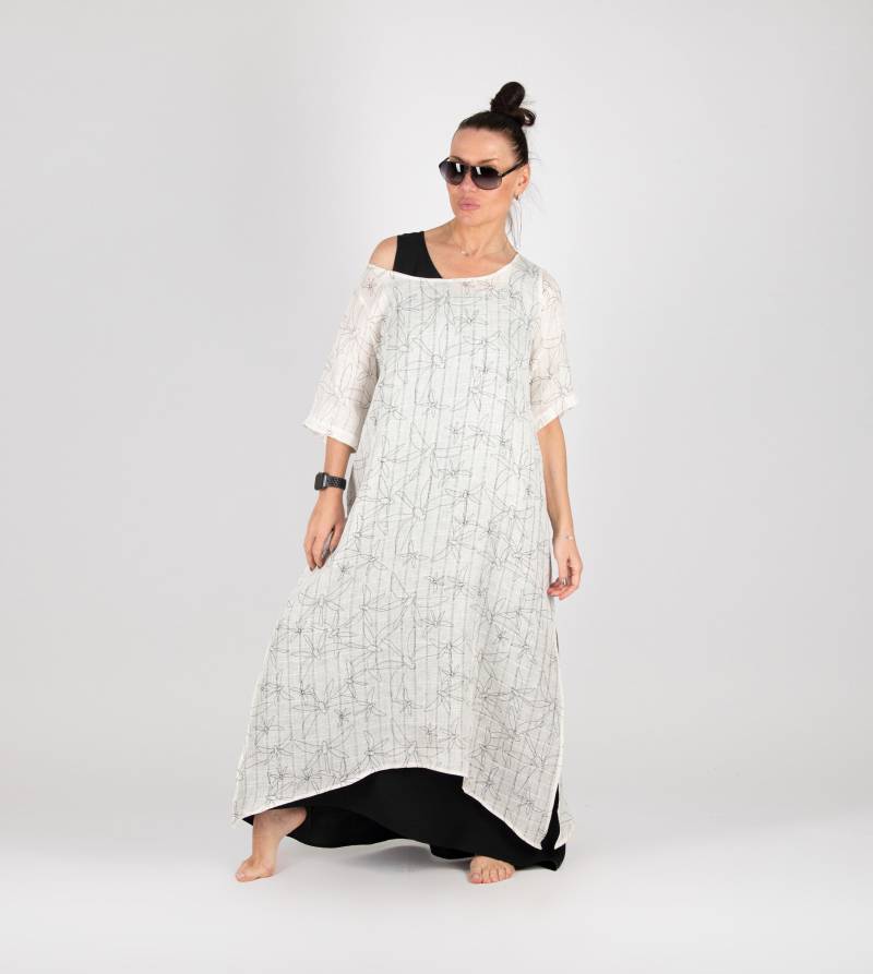 Maxi Leinenkleid, Leinenkleid Damen, Lockeres Kleid, Lässiges Sommerkleid, Damenkleid Übergröße, Langes Off White Kleid Lory - Dr0983Le von EUGfashion