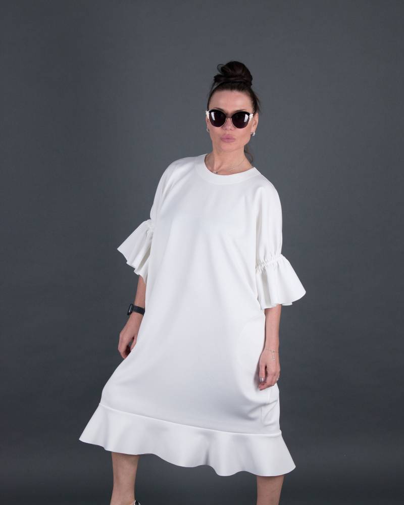 Neopren Kleid, Volant Ärmel Langes Weißes Tunika Top, Plus Größe Maxi Kleid Esil - Dr0878Ne Neopren Kleid, Volant Ärmel Langes Weißes Tunika Top, Plus Größe Maxi Kleid Esil - Dr0878Ne von EUGfashion