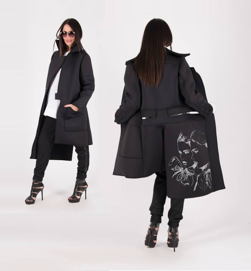 Neopren Mantel, Schwarzer Wintermantel, Plus Size Kleidung, Herbst Langer Eleganter Mantel Emma - Ve0143Ne von EUGfashion