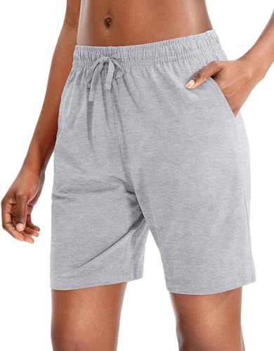 EUHOM Bermuda Shorts Damen Sommer Kurze Hose Sporthose Knielang Baumwoll Sport Shorts High Waist Laufshorts Kurze Jogginghose Lässige Sweatshorts mit Taschen(Hellgrau, M) von EUHOM