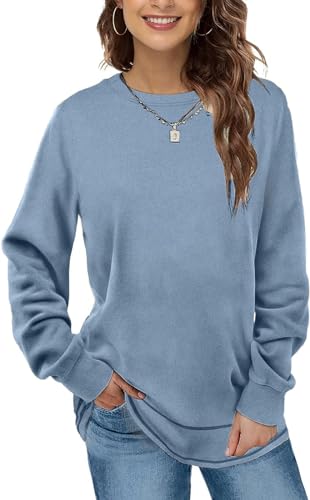 EUHOM Damen Sweatshirt Pullover Basic Langarmshirt Oversize Rundhals Langarm Pulli Herbst Winter Casual Oberteile Tops für Leggings (Blau-1, XL) von EUHOM