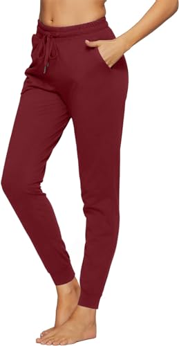 EUHOM Jogginghose Damen Baumwolle Sporthose Lang Trainingshose Yogahose Frauen High Waist Freizeithose Slim Fit Sweathose Kordelzug Jogger mit Taschen(Weinrot, S) von EUHOM