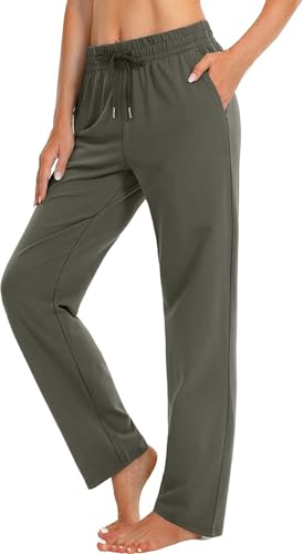EUHOM Jogginghose Damen Sporthose Lang Baumwolle Yogahose Frauen Bequem Freizeithose Gerades Bein Trainingshose Sweatpants für Jogging Sport Yoga(Olivgrün, S) von EUHOM